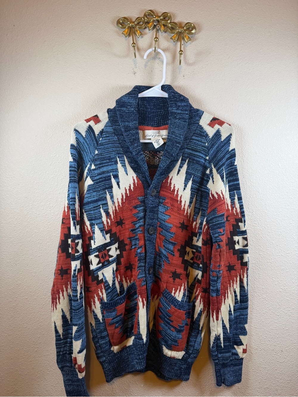 Flag & Anthem Shawl Collar Aztec Knit Cardigan - Blue/Red/Cream